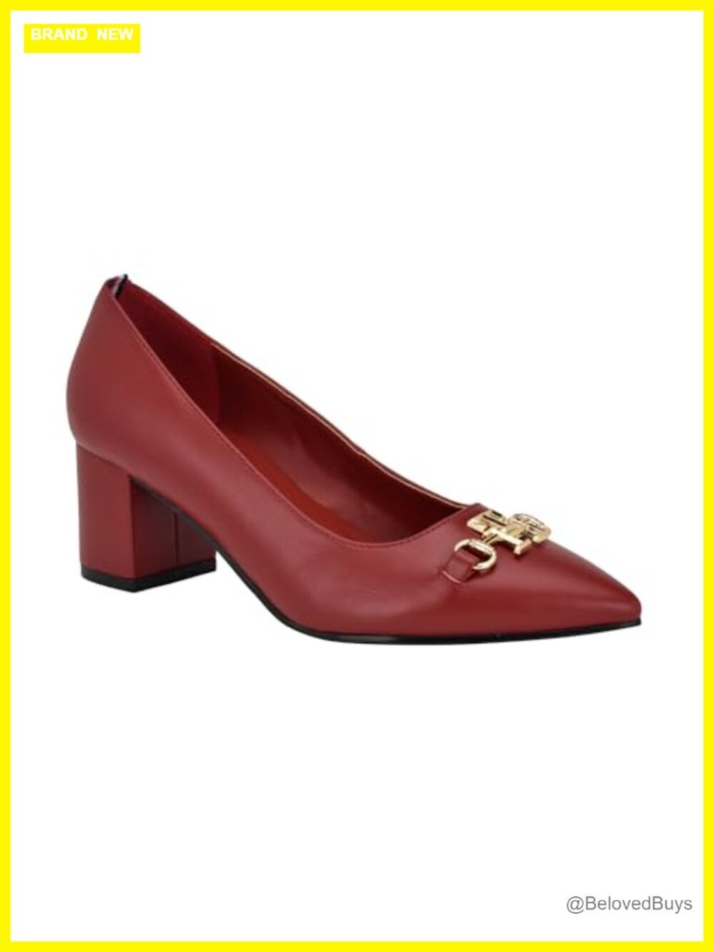 Pointy Toe Block Heel Slip-On Pump with Branded Hardware Mid Heel